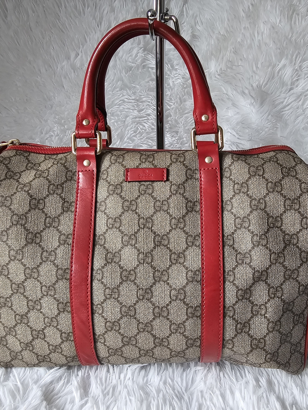Gucci GG Canvas Bowling Bag with Red Leather Trim